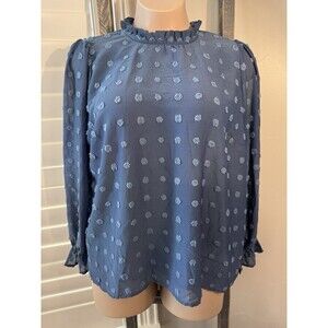 Chic Soul Lined Blouse Womens 1X Steel Blue Swiss Dot with Long Sheer Sleeves